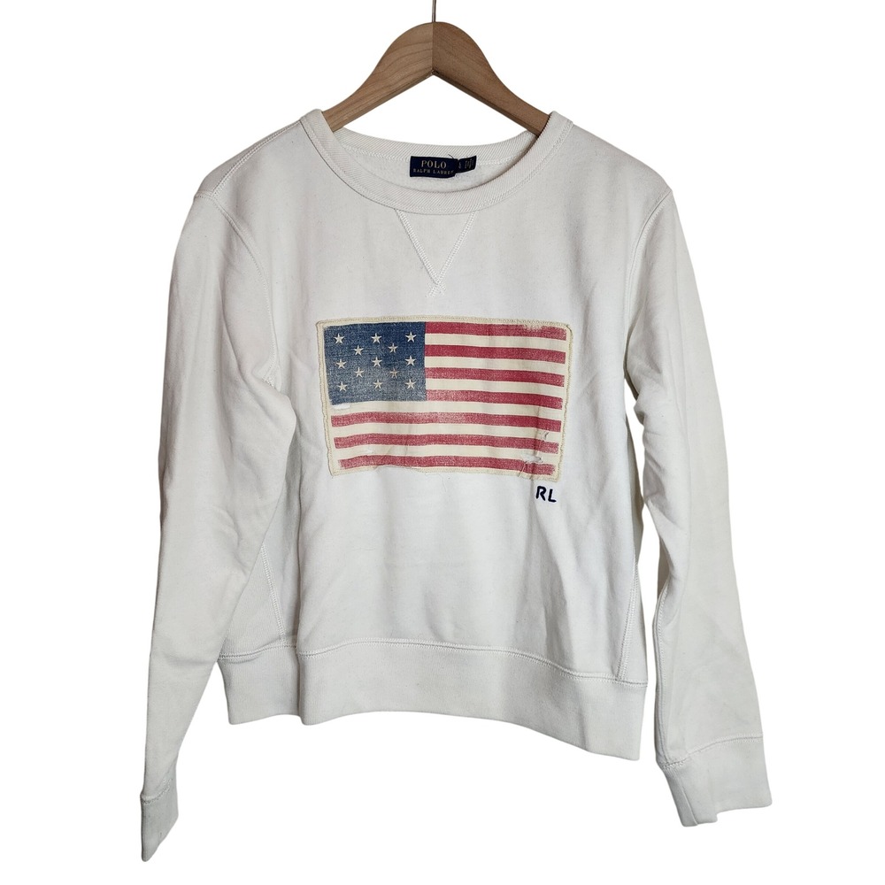 Polo Ralph Lauren Sweatshirt Womens L White American Flag Graphic RL Pullover